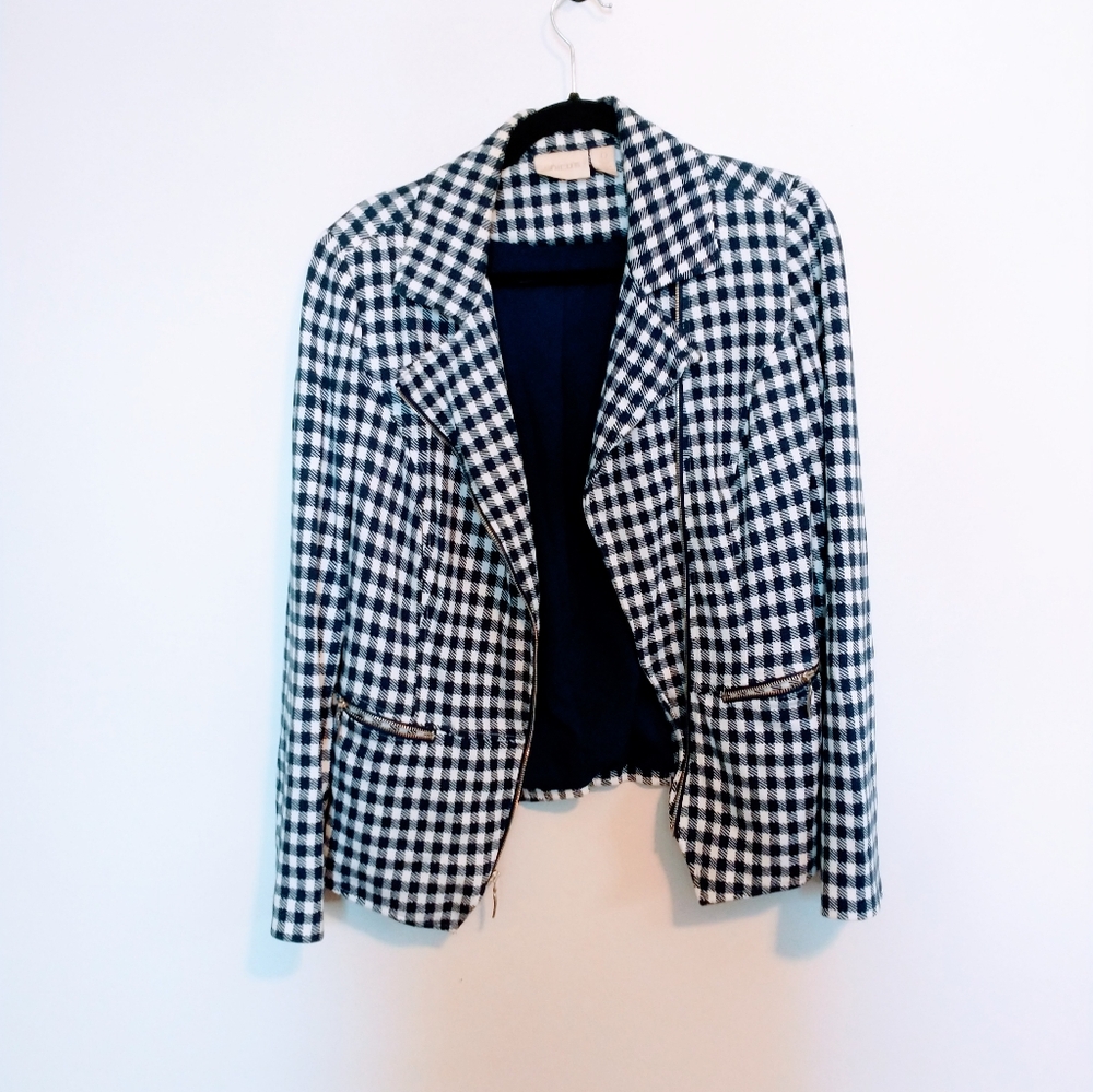 Chicos gingham moto asymmetric jacket in blue and white.  Zips up front with lin - Picture 4 of 7